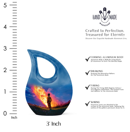 Vivid Blue Firefighter Cremation Urn back view with polished surface - faith-inspired cross-drop urn with firefighter pattern - mini keepsake memorial for portion of cremation ashes