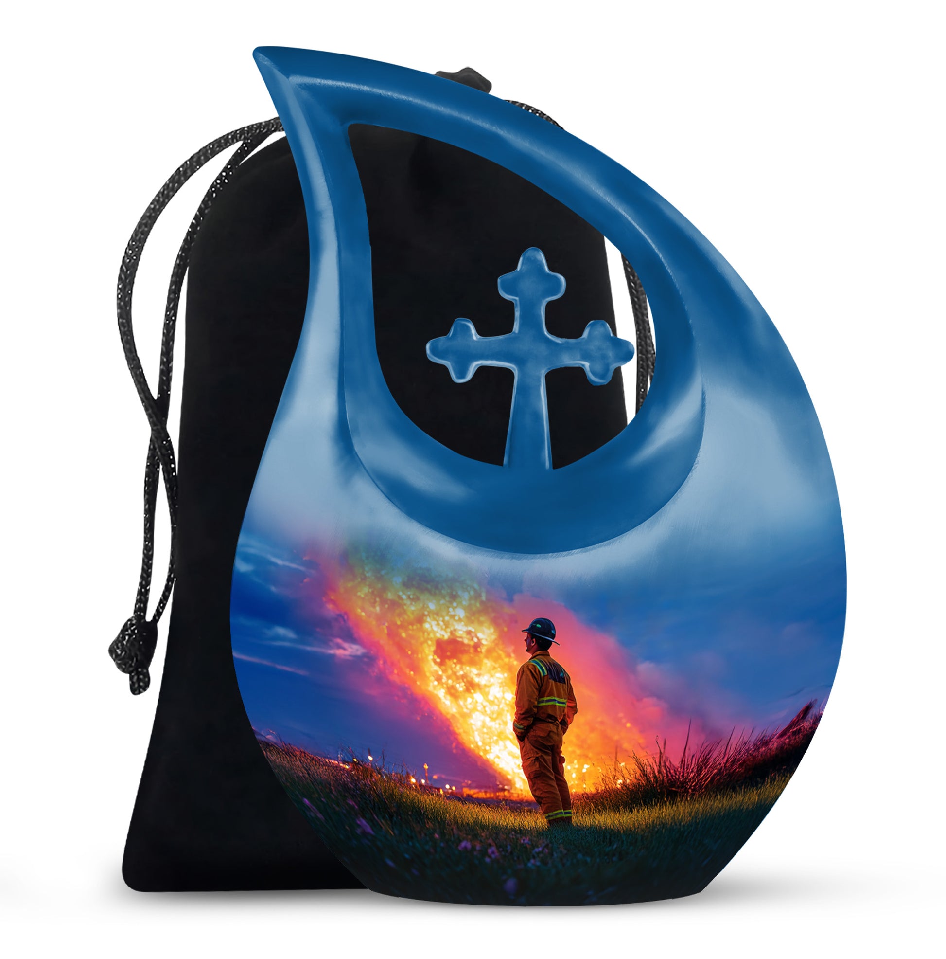 Twilight Blue Firefighter Cremation Urn top-down view of secure threaded lid - faith-inspired cross-drop urn with firefighter pattern - full-size 10 inch 200 cubic inch adult cremation urn