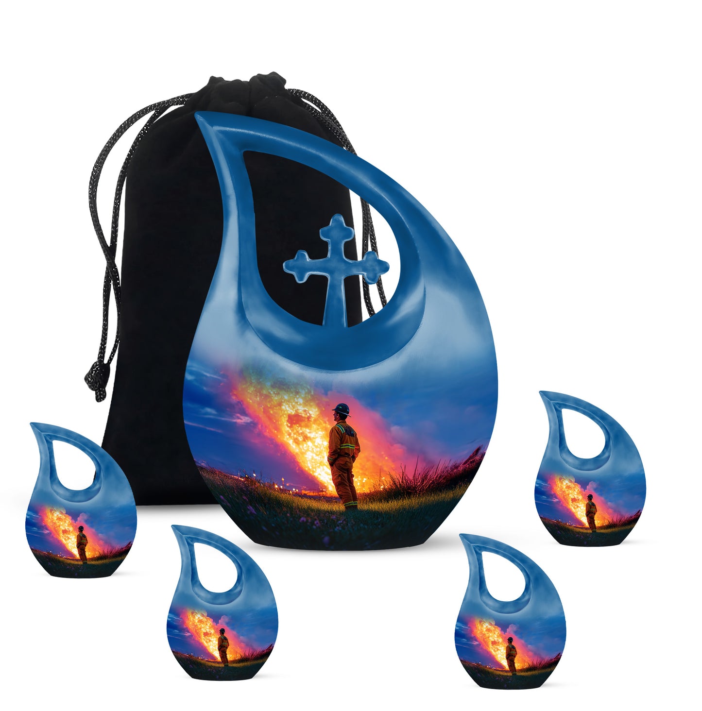 Celestial Blue Firefighter Cremation Urn urn with complimentary velvet bag - sacred cross merged with firefighter motif on metal - memorial set with one large and four small urns