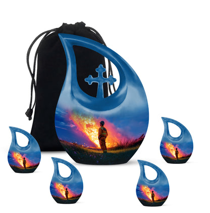 Celestial Blue Firefighter Cremation Urn urn with complimentary velvet bag - sacred cross merged with firefighter motif on metal - memorial set with one large and four small urns