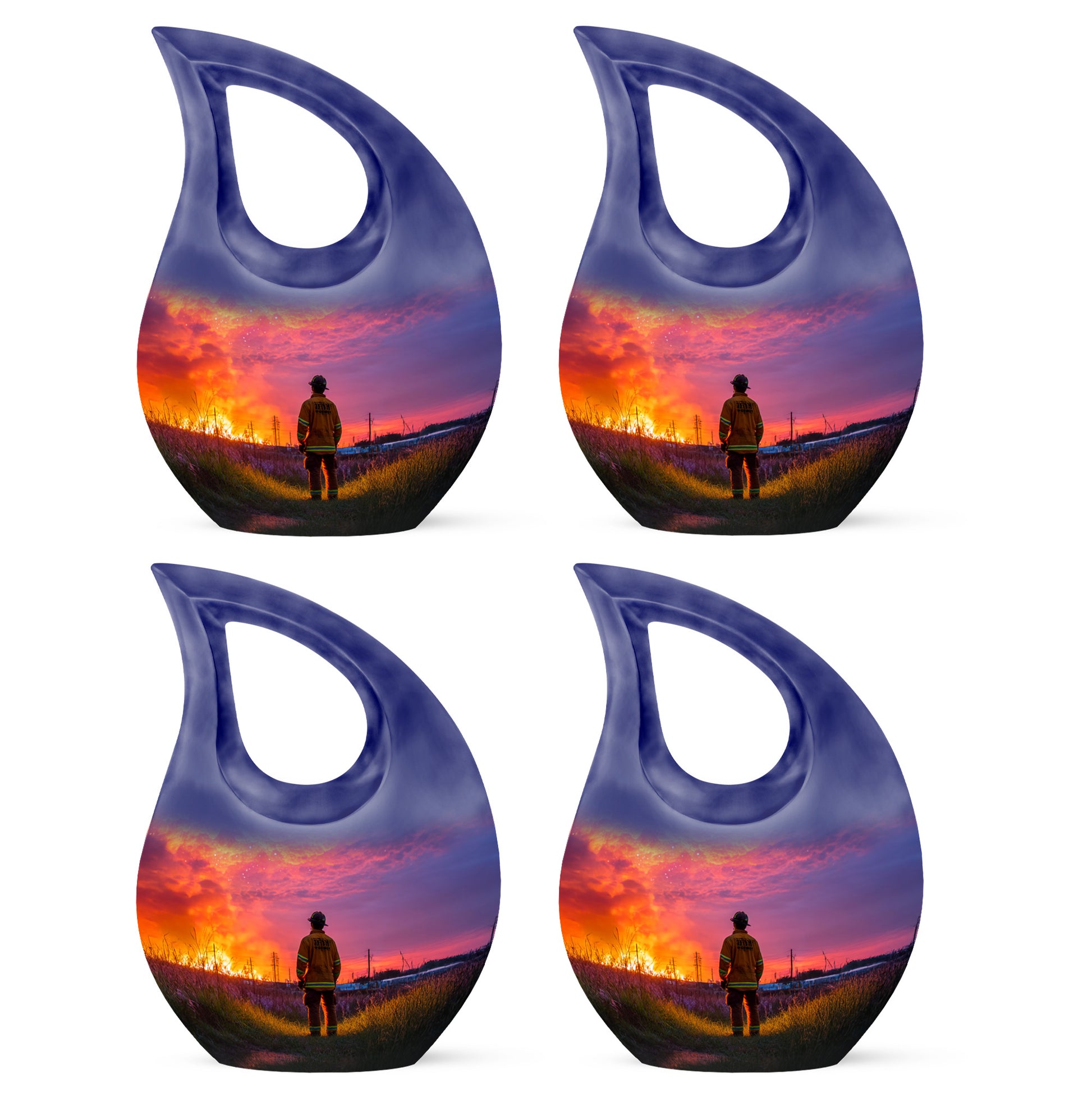Plum Purple Firefighter Cremation Urn lifestyle display on memorial shelf - sacred cross merged with firefighter motif on metal - 10 inch aluminum urn for cremated remains