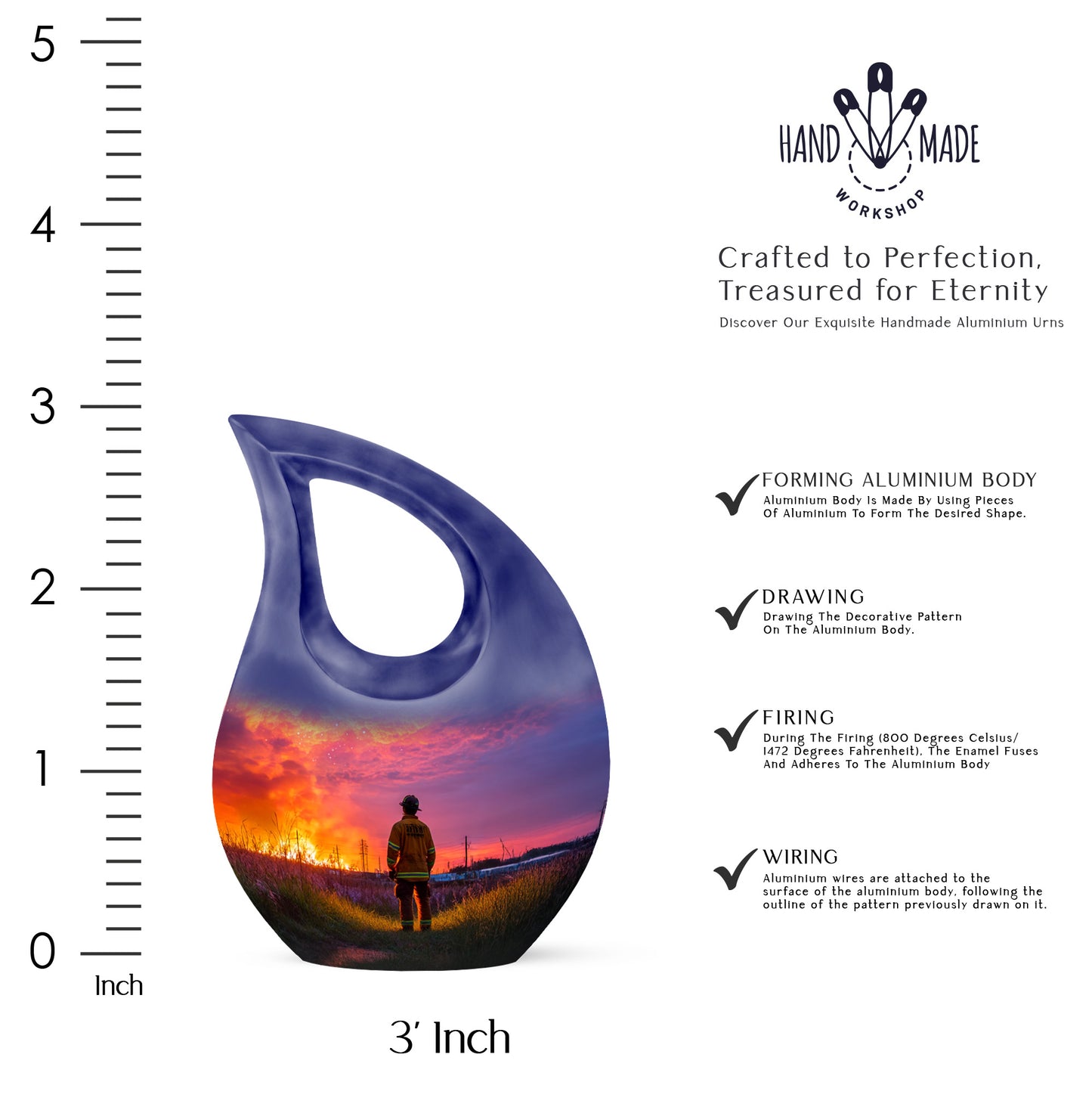 Deep Purple Firefighter Cremation Urn back view with polished surface - cross and firefighter combined in spiritual memorial design - mini keepsake memorial for portion of cremation ashes