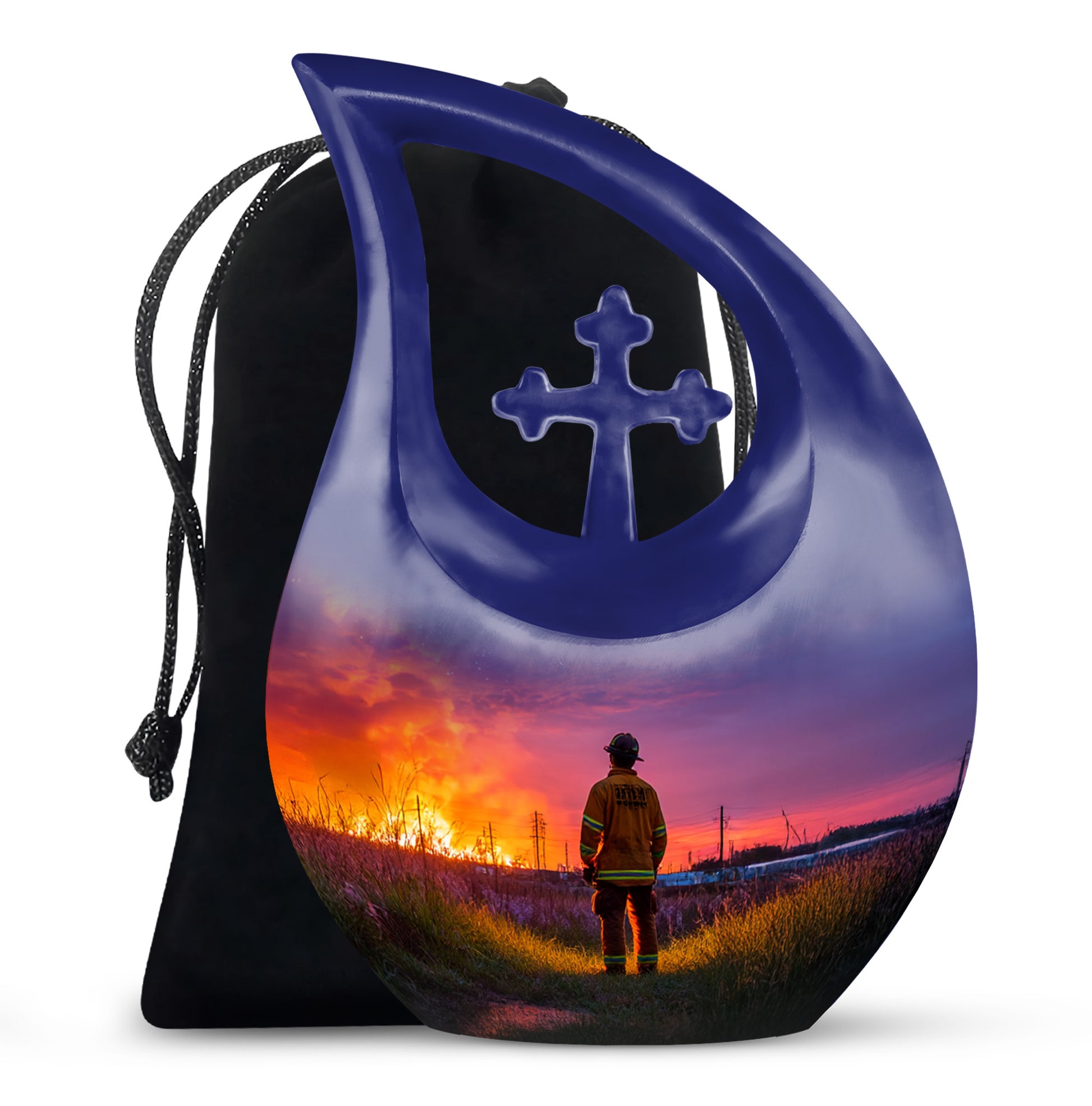 Violet Purple Firefighter Cremation Urn top-down view of secure threaded lid - faith-inspired cross-drop urn with firefighter pattern - full-size 10 inch 200 cubic inch adult cremation urn