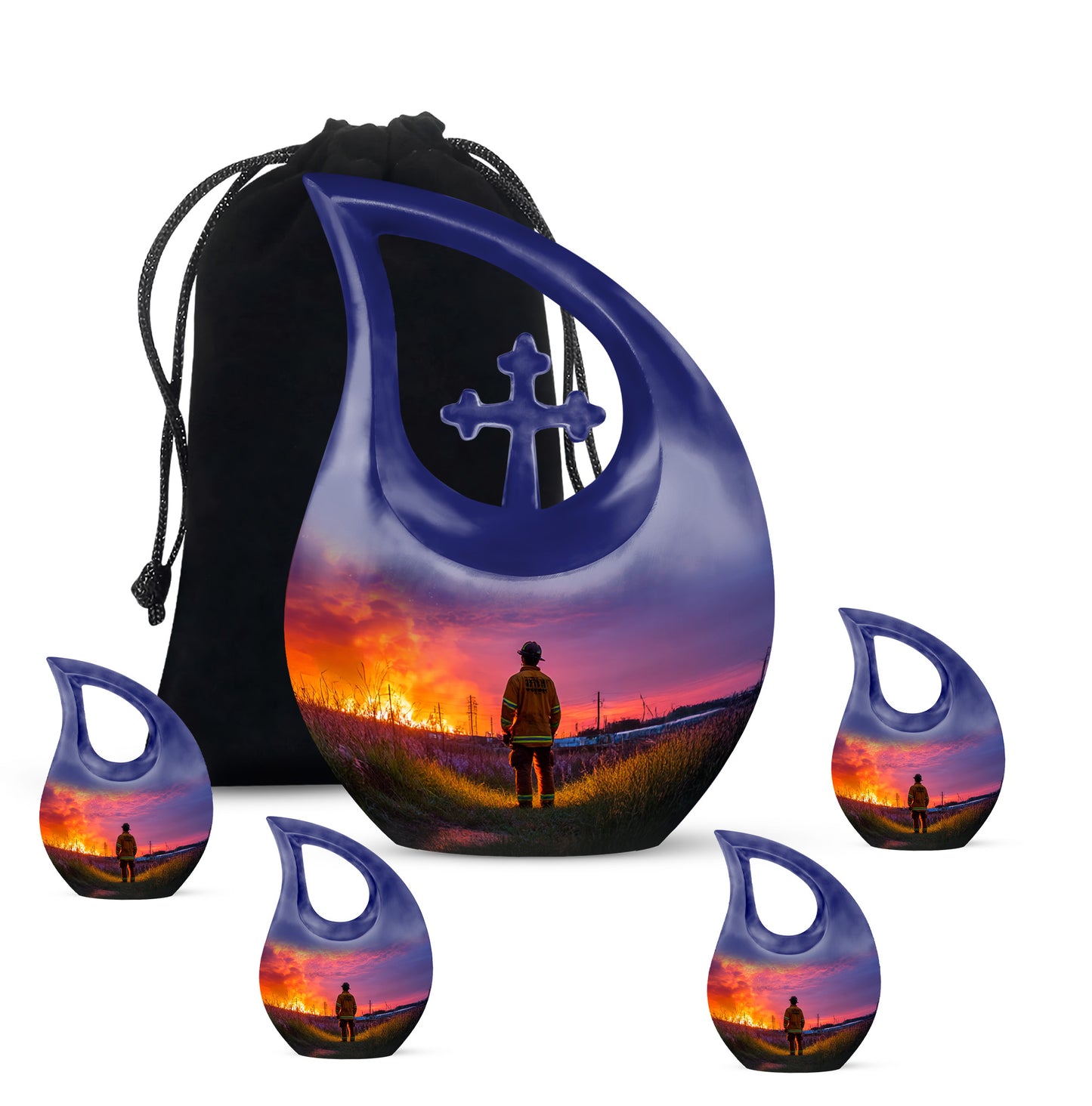 Lavender Purple Firefighter Cremation Urn urn with complimentary velvet bag - faith-inspired cross-drop urn with firefighter pattern - memorial set with one large and four small urns