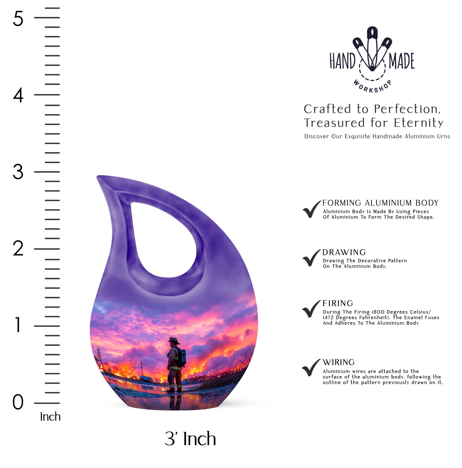 Calming Blue Firefighter Cremation Urn back view with polished surface - devotional cross-drop firefighter engraving - mini keepsake memorial for portion of cremation ashes