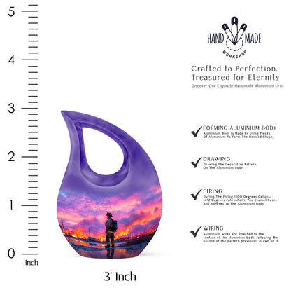 Calming Blue Firefighter Cremation Urn back view with polished surface - devotional cross-drop firefighter engraving - mini keepsake memorial for portion of cremation ashes