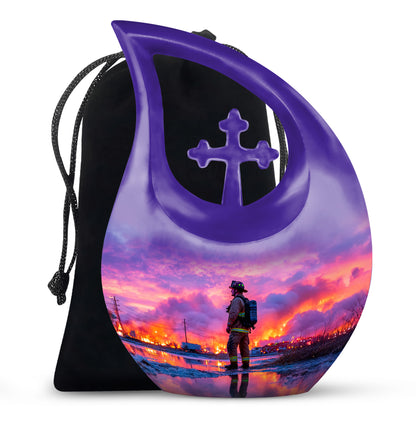 Azure Firefighter Cremation Urn top-down view of secure threaded lid - sacred cross merged with firefighter motif on metal - full-size 10 inch 200 cubic inch adult cremation urn