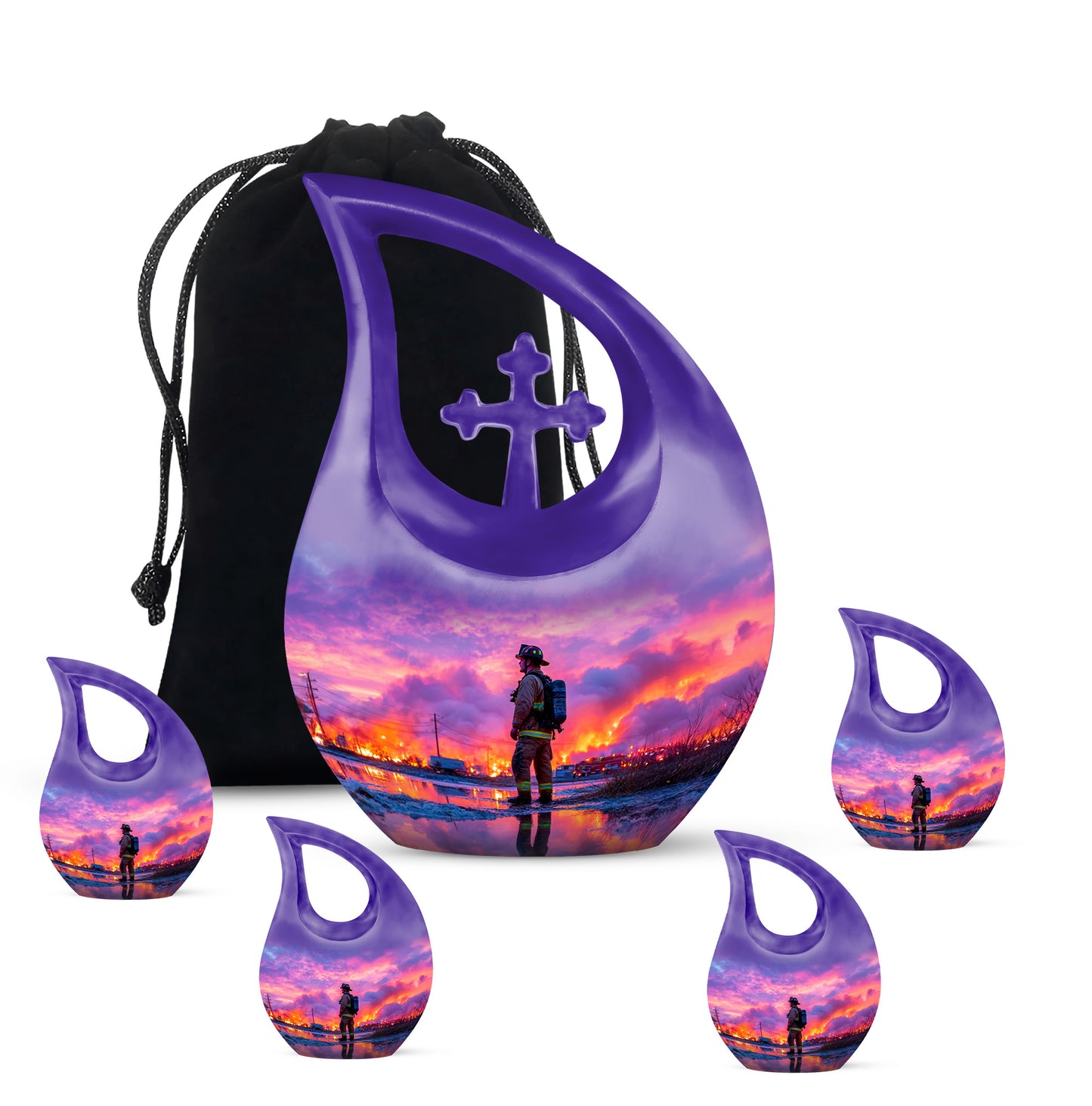 Cobalt Blue Firefighter Cremation Urn urn with complimentary velvet bag - devotional cross-drop firefighter engraving - memorial set with one large and four small urns
