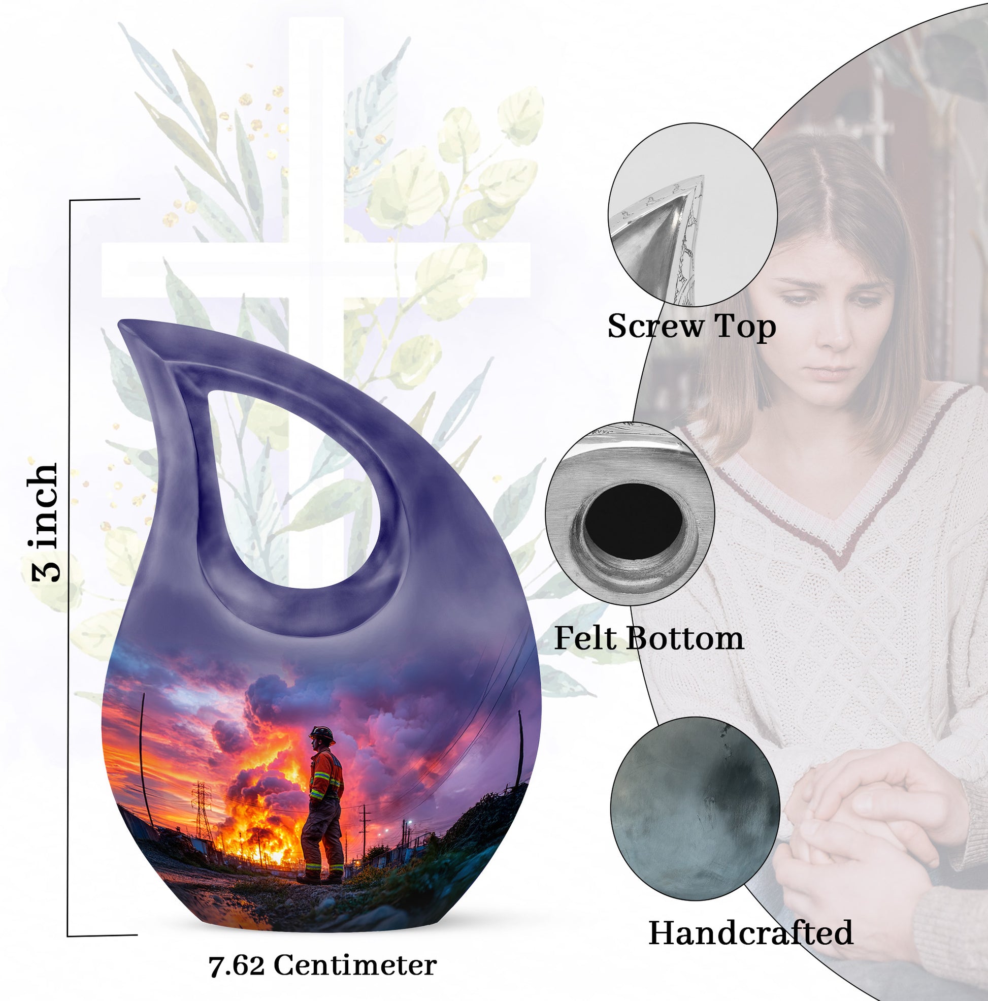Pastel Blue Firefighter Cremation Urn back view with polished surface - sacred cross merged with firefighter motif on metal - mini keepsake memorial for portion of cremation ashes