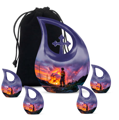 Navy Blue Firefighter Cremation Urn urn with complimentary velvet bag - sacred cross merged with firefighter motif on metal - memorial set with one large and four small urns