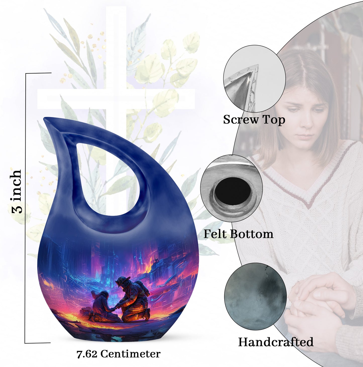 Icy Blue Firefighter Cremation Urn back view with polished surface - sacred cross merged with firefighter motif on metal - mini keepsake memorial for portion of cremation ashes