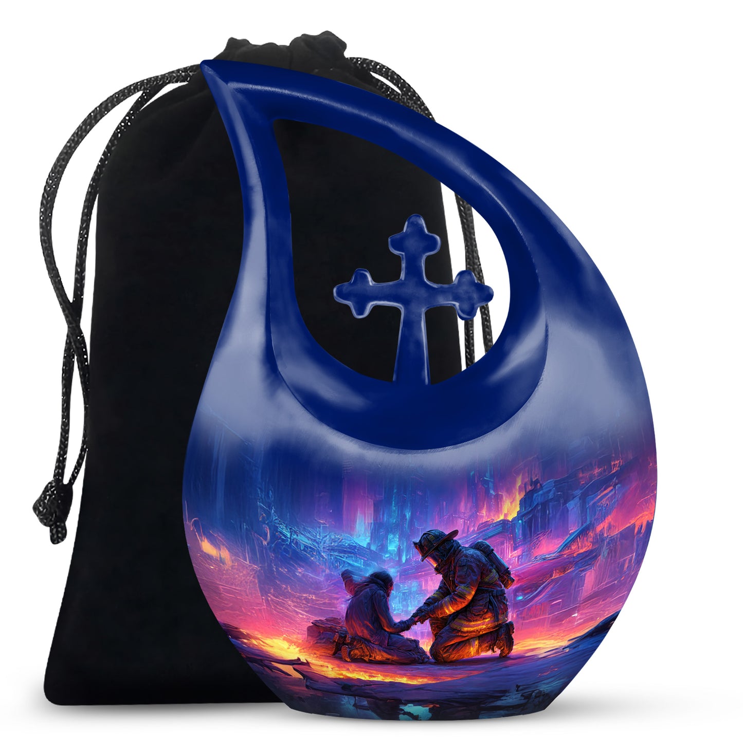 Indigo Firefighter Cremation Urn top-down view of secure threaded lid - cross and firefighter combined in spiritual memorial design - full-size 10 inch 200 cubic inch adult cremation urn