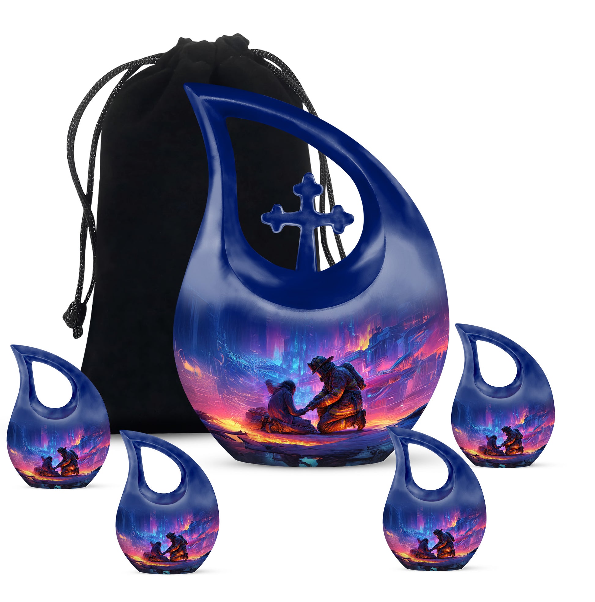 Royal Blue Firefighter Cremation Urn urn with complimentary velvet bag - devotional cross-drop firefighter engraving - memorial set with one large and four small urns