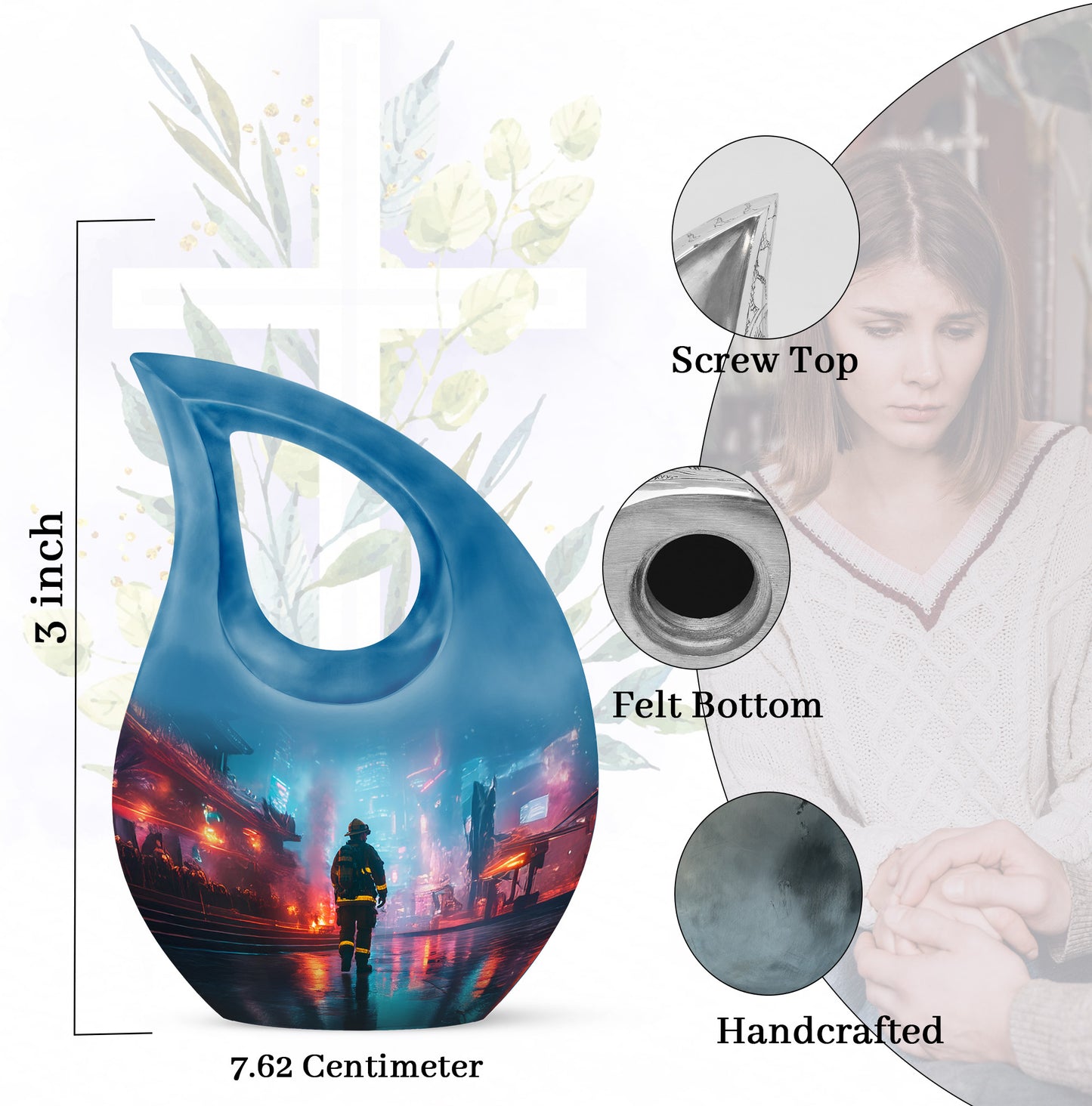 Royal Blue Firefighter Cremation Urn back view with polished surface - devotional cross-drop firefighter engraving - mini keepsake memorial for portion of cremation ashes