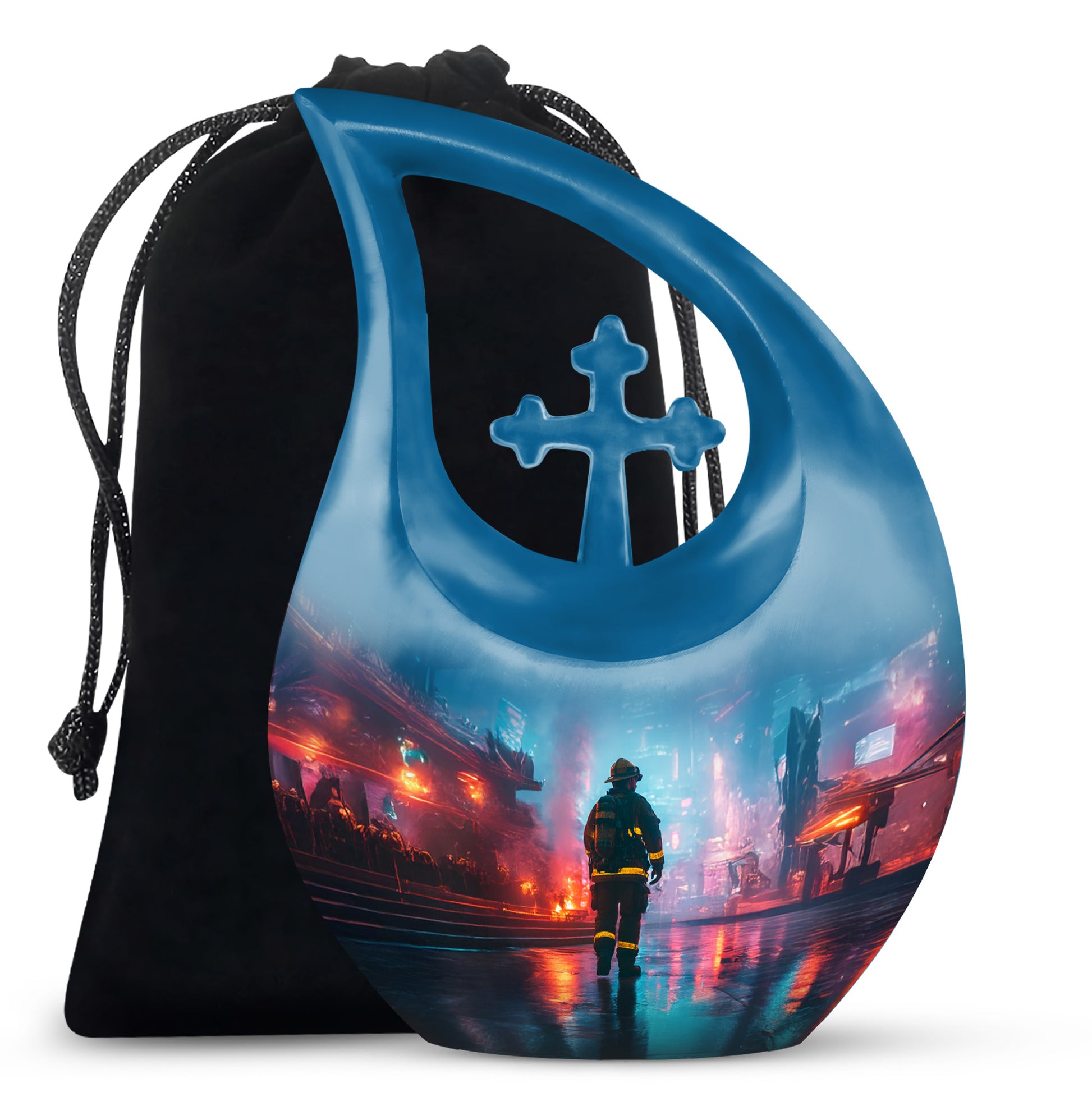 Soft Blue Firefighter Cremation Urn top-down view of secure threaded lid - devotional cross-drop firefighter engraving - full-size 10 inch 200 cubic inch adult cremation urn