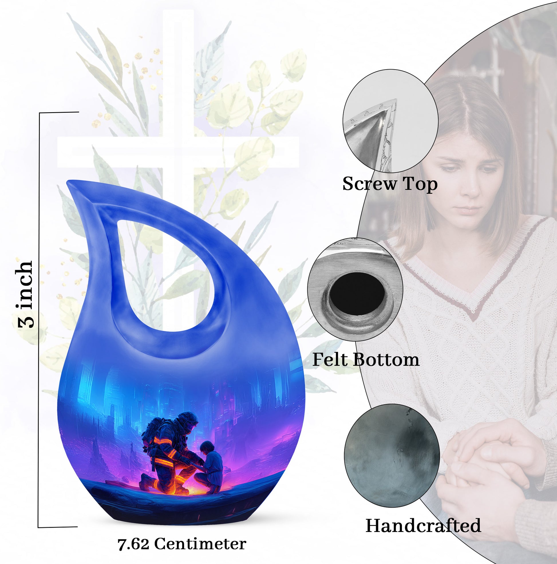 Vivid Blue Firefighter Cremation Urn back view with polished surface - faith-inspired cross-drop urn with firefighter pattern - mini keepsake memorial for portion of cremation ashes