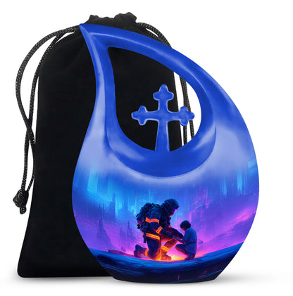 Cornflower Blue Firefighter Cremation Urn top-down view of secure threaded lid - faith-inspired cross-drop urn with firefighter pattern - full-size 10 inch 200 cubic inch adult cremation urn