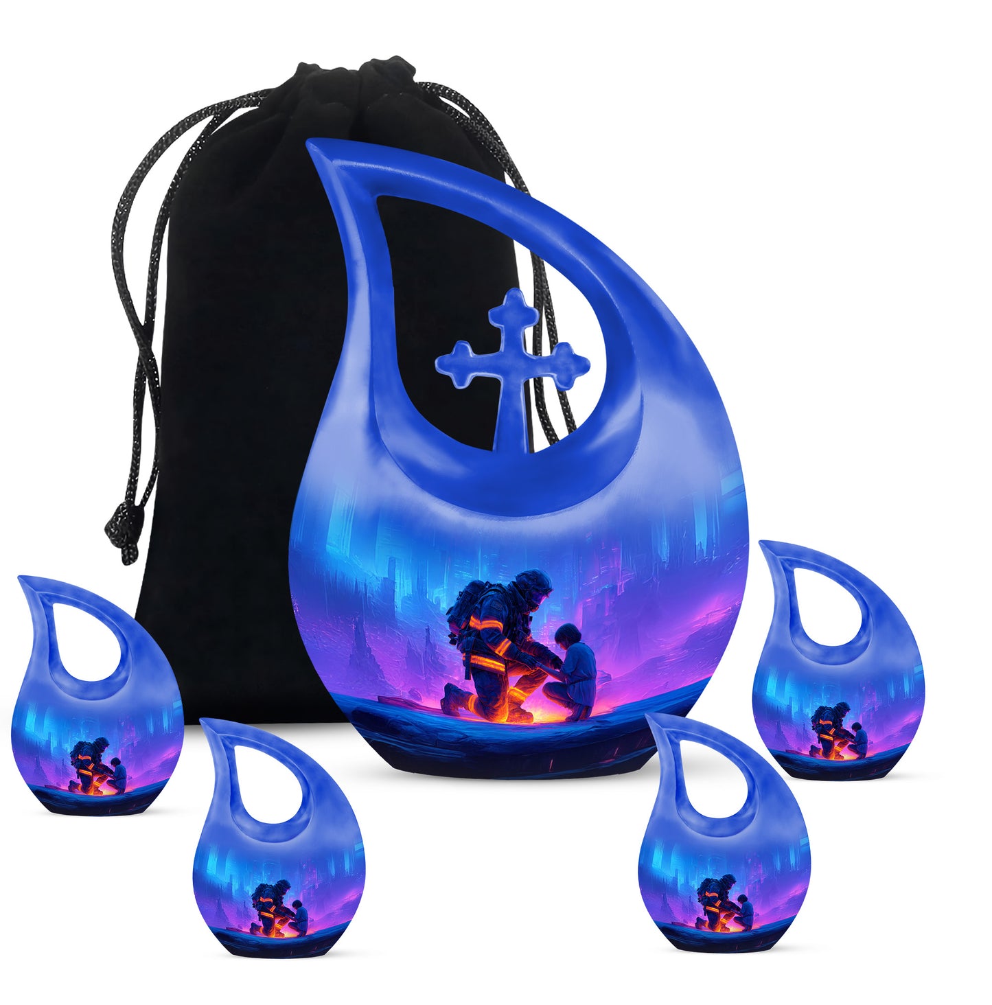 Steel Blue Firefighter Cremation Urn urn with complimentary velvet bag - faith-inspired cross-drop urn with firefighter pattern - memorial set with one large and four small urns