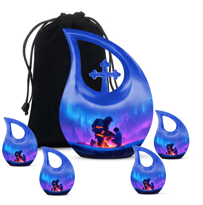 Steel Blue Firefighter Cremation Urn urn with complimentary velvet bag - faith-inspired cross-drop urn with firefighter pattern - memorial set with one large and four small urns