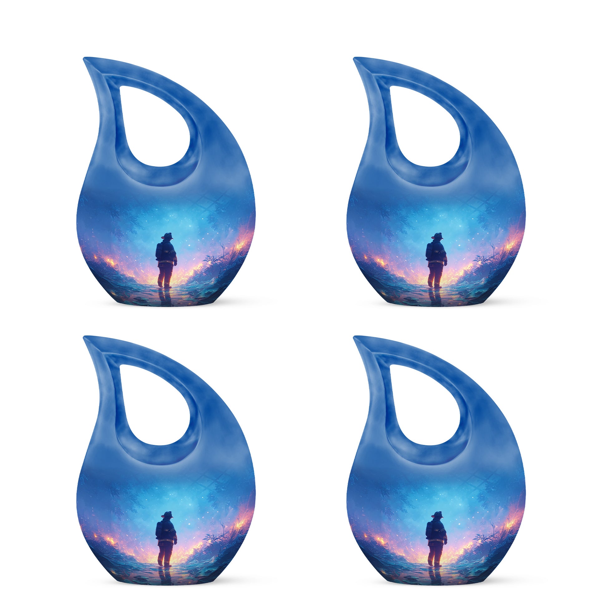 Icy Blue Firefighter Cremation Urn lifestyle display on memorial shelf - cross and firefighter combined in spiritual memorial design - 10 inch aluminum urn for cremated remains