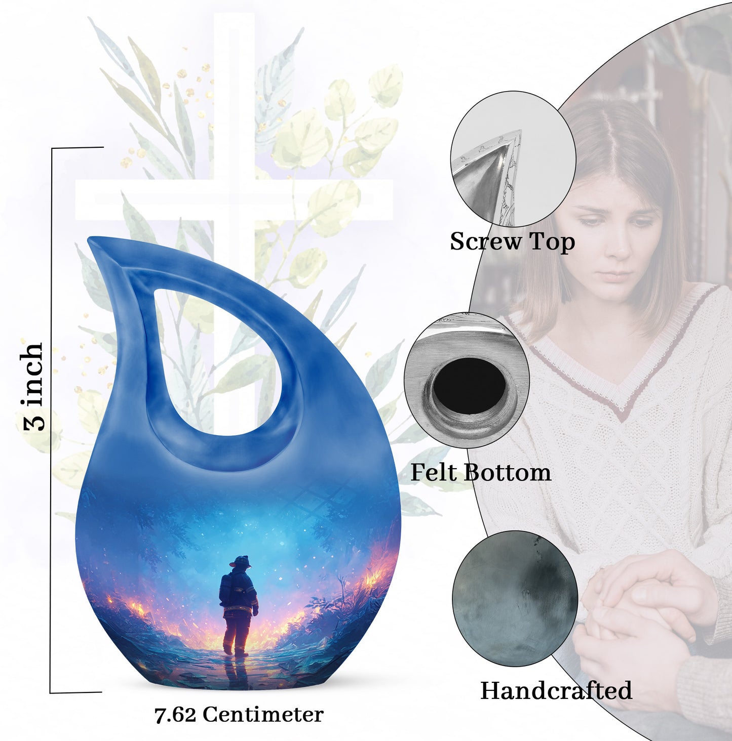 Powder Blue Firefighter Cremation Urn back view with polished surface - cross and firefighter combined in spiritual memorial design - mini keepsake memorial for portion of cremation ashes