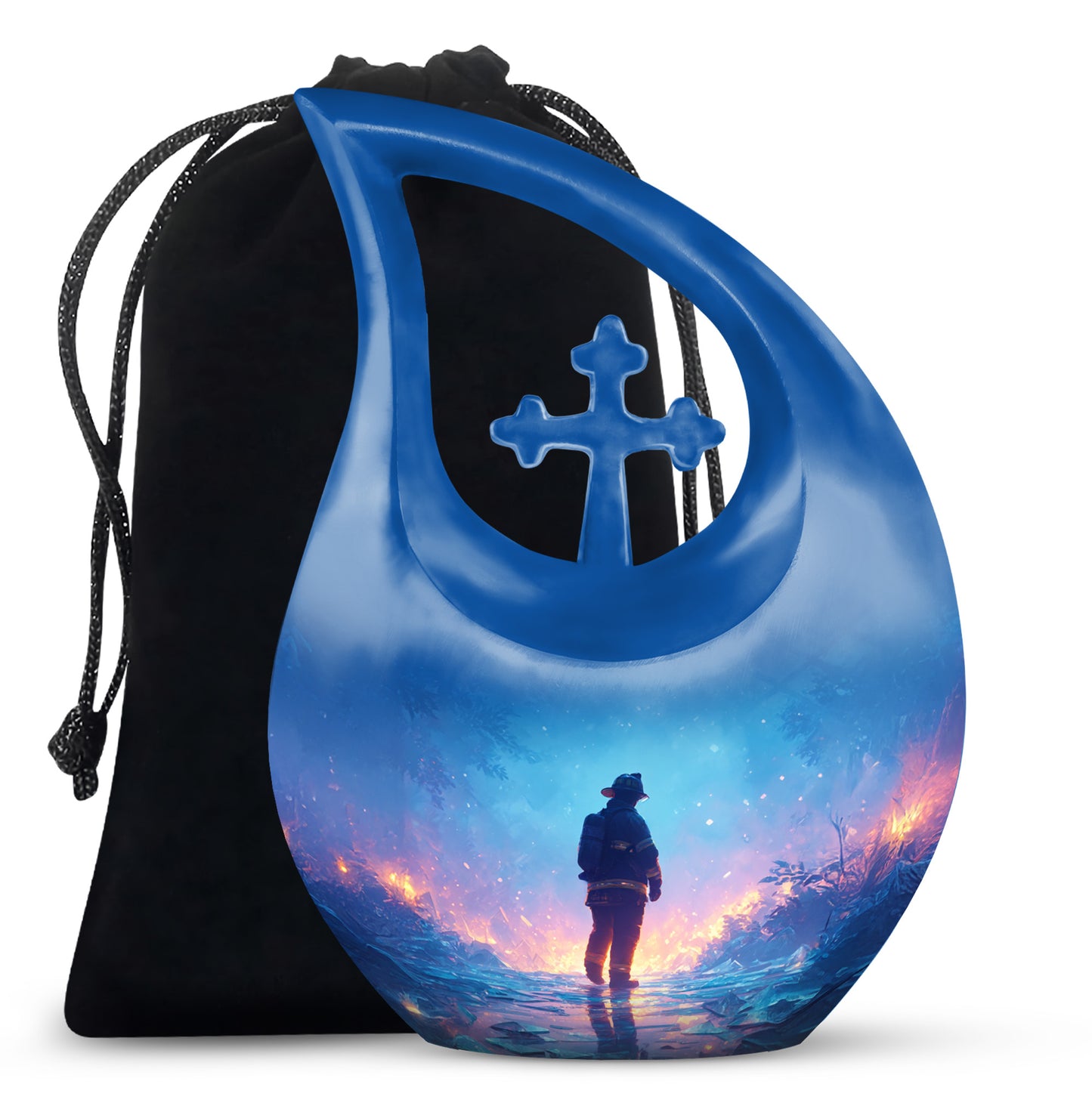 Calming Blue Firefighter Cremation Urn top-down view of secure threaded lid - devotional cross-drop firefighter engraving - full-size 10 inch 200 cubic inch adult cremation urn