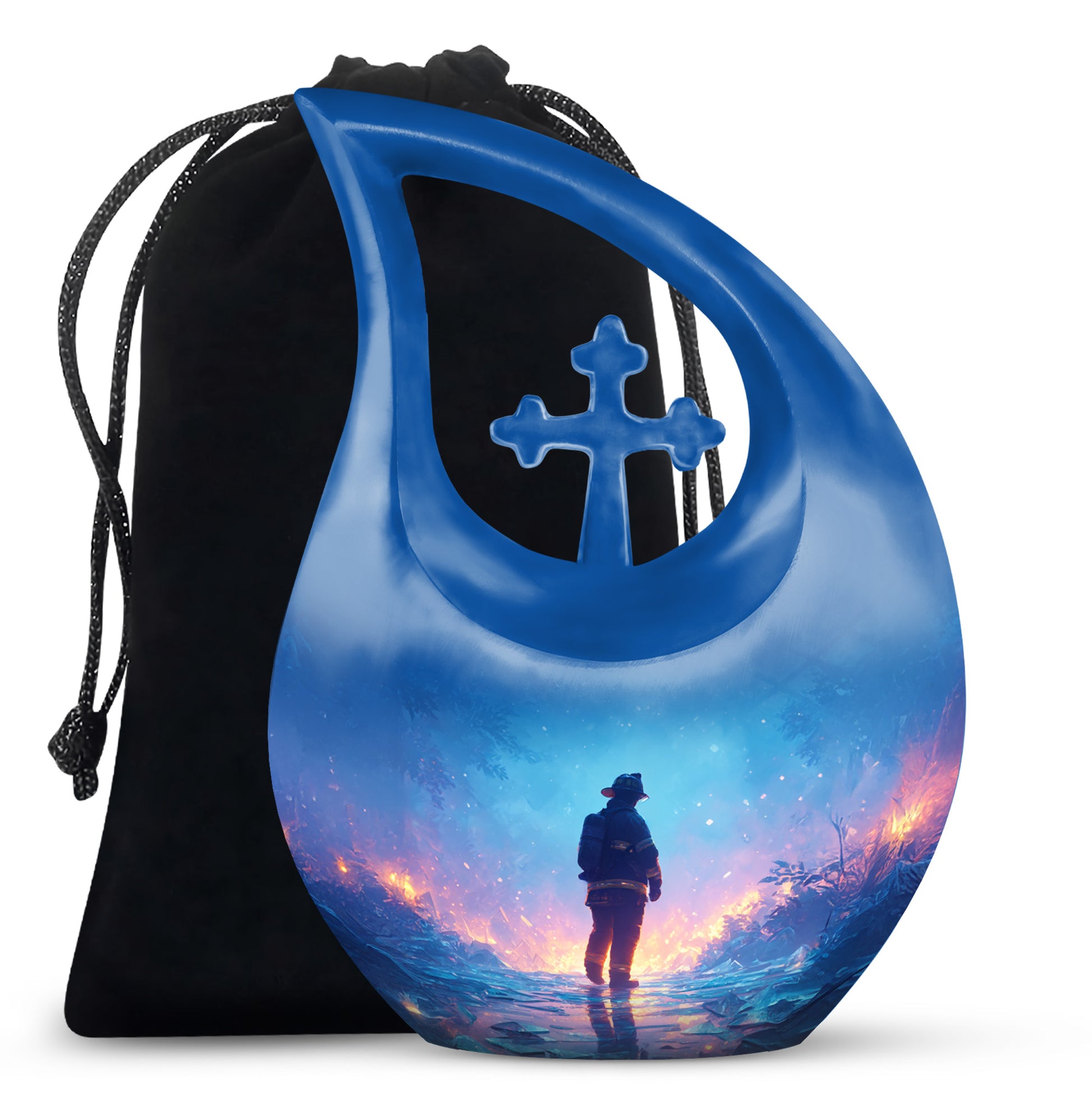 Calming Blue Firefighter Cremation Urn top-down view of secure threaded lid - devotional cross-drop firefighter engraving - full-size 10 inch 200 cubic inch adult cremation urn