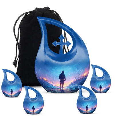 Dusty Blue Firefighter Cremation Urn urn with complimentary velvet bag - cross and firefighter combined in spiritual memorial design - memorial set with one large and four small urns