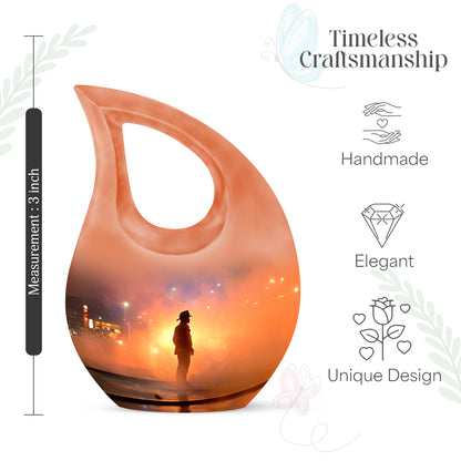 Soft Pink Firefighter Cremation Urn back view with polished surface - devotional cross-drop firefighter engraving - mini keepsake memorial for portion of cremation ashes