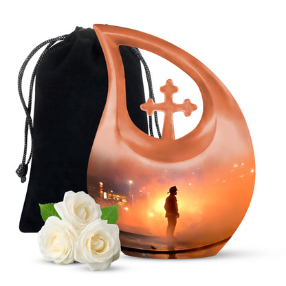 Petal Pink Firefighter Cremation Urn top-down view of secure threaded lid - faith-inspired cross-drop urn with firefighter pattern - full-size 10 inch 200 cubic inch adult cremation urn