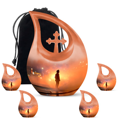 Blush Pink Firefighter Cremation Urn urn with complimentary velvet bag - cross and firefighter combined in spiritual memorial design - memorial set with one large and four small urns