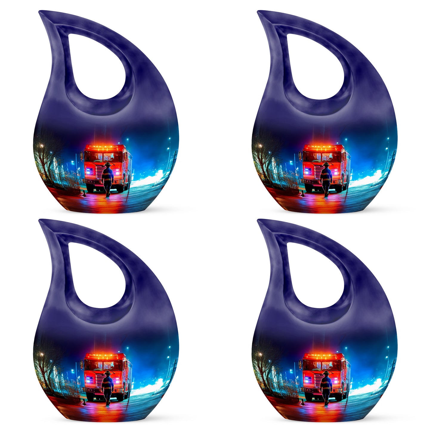 Obsidian Black Firefighter Cremation Urn lifestyle display on memorial shelf - faith-inspired cross-drop urn with firefighter pattern - 10 inch aluminum urn for cremated remains