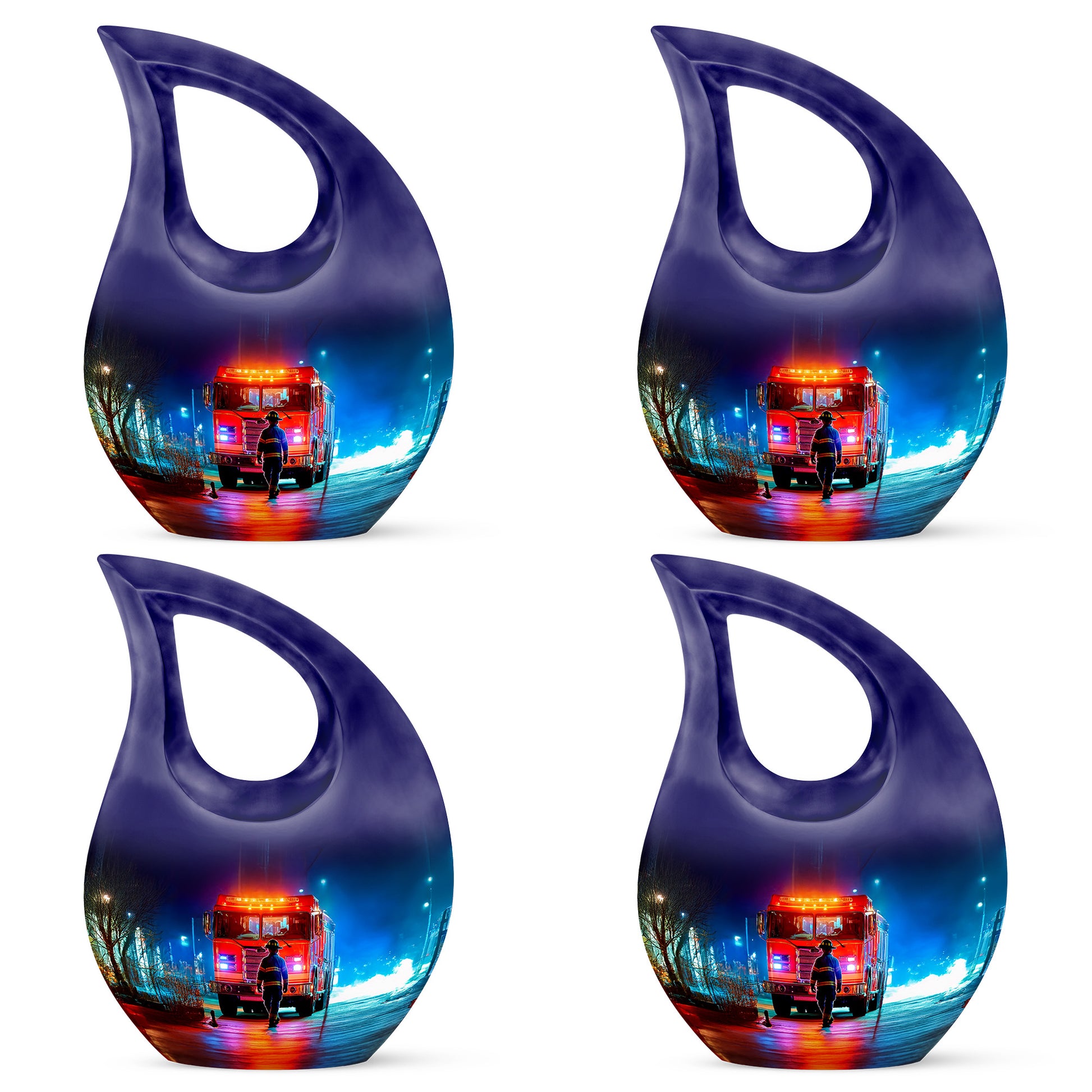 Obsidian Black Firefighter Cremation Urn lifestyle display on memorial shelf - faith-inspired cross-drop urn with firefighter pattern - 10 inch aluminum urn for cremated remains