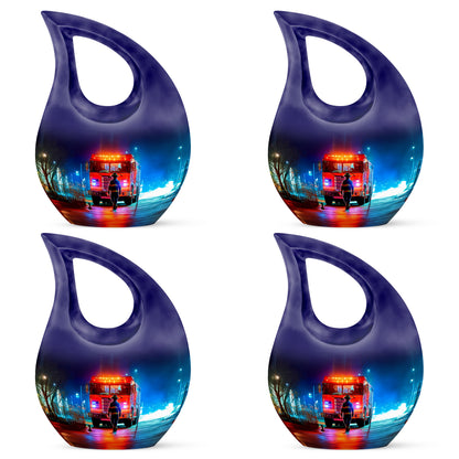 Obsidian Black Firefighter Cremation Urn lifestyle display on memorial shelf - faith-inspired cross-drop urn with firefighter pattern - 10 inch aluminum urn for cremated remains
