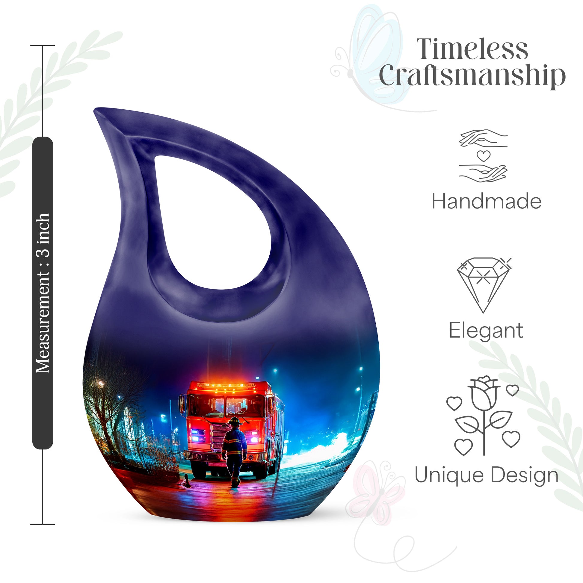 Glossy Black Firefighter Cremation Urn back view with polished surface - cross and firefighter combined in spiritual memorial design - mini keepsake memorial for portion of cremation ashes
