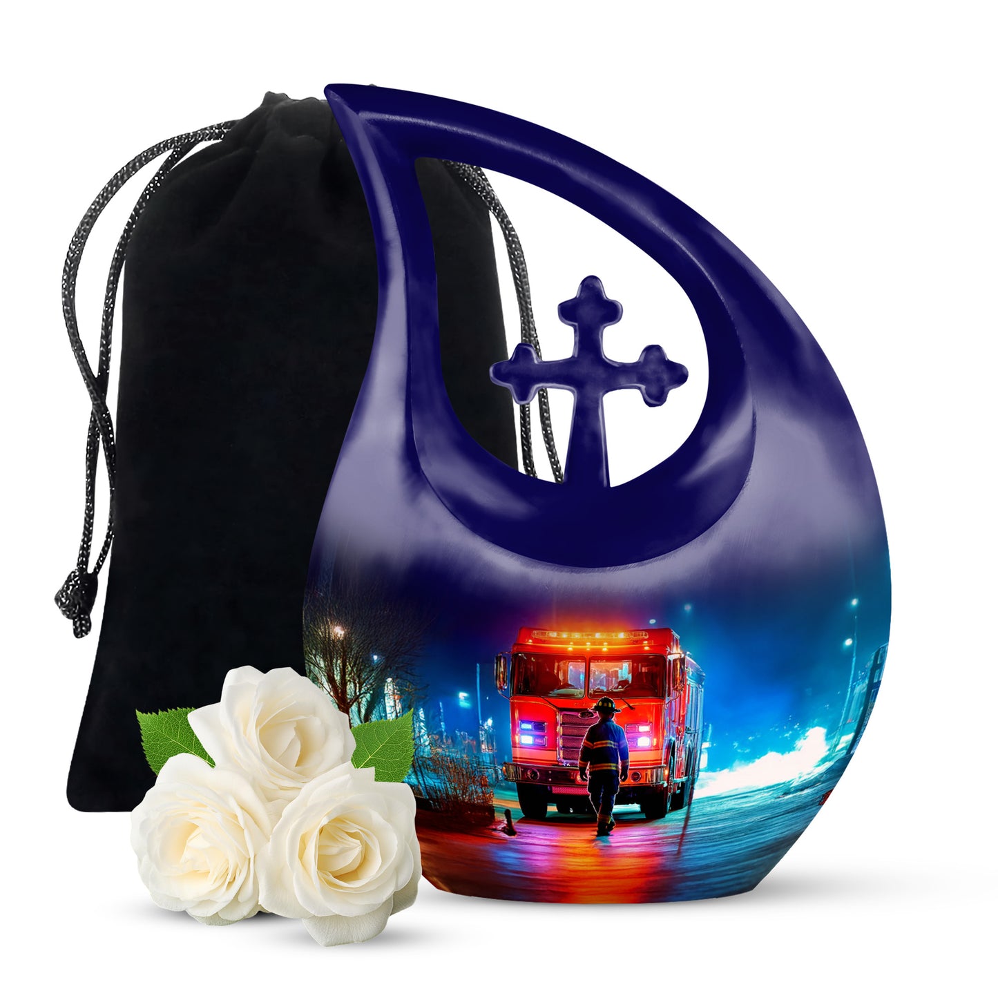 Jet Black Firefighter Cremation Urn top-down view of secure threaded lid - cross and firefighter combined in spiritual memorial design - full-size 10 inch 200 cubic inch adult cremation urn