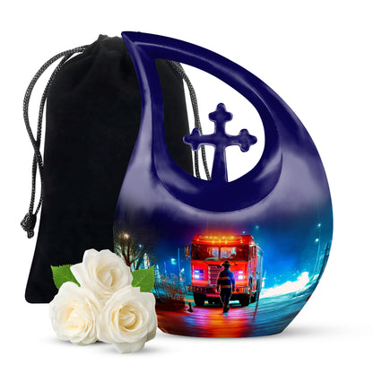 Jet Black Firefighter Cremation Urn top-down view of secure threaded lid - cross and firefighter combined in spiritual memorial design - full-size 10 inch 200 cubic inch adult cremation urn