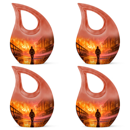 Garnet Red Firefighter Cremation Urn lifestyle display on memorial shelf - sacred cross merged with firefighter motif on metal - 10 inch aluminum urn for cremated remains