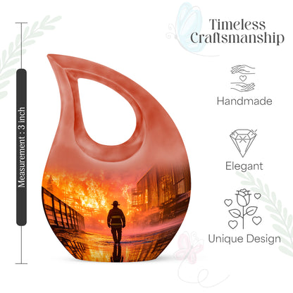 Scarlet Red Firefighter Cremation Urn back view with polished surface - faith-inspired cross-drop urn with firefighter pattern - mini keepsake memorial for portion of cremation ashes