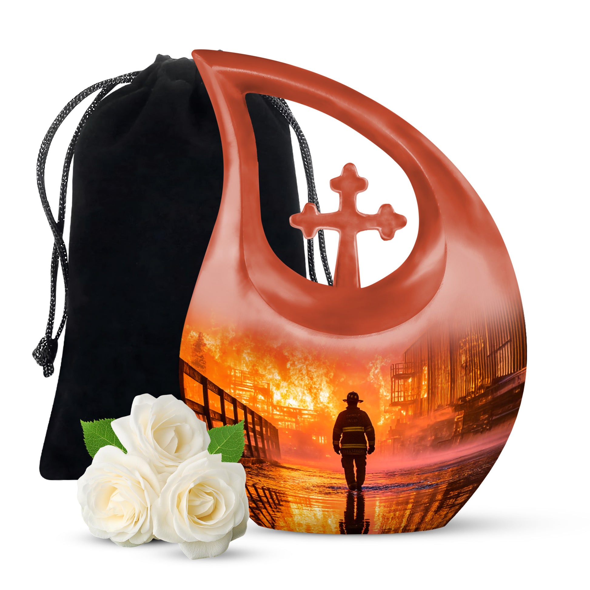 Deep Red Firefighter Cremation Urn top-down view of secure threaded lid - cross and firefighter combined in spiritual memorial design - full-size 10 inch 200 cubic inch adult cremation urn