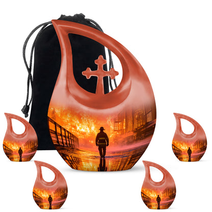 Deep Red Firefighter Cremation Urn urn with complimentary velvet bag - cross and firefighter combined in spiritual memorial design - memorial set with one large and four small urns