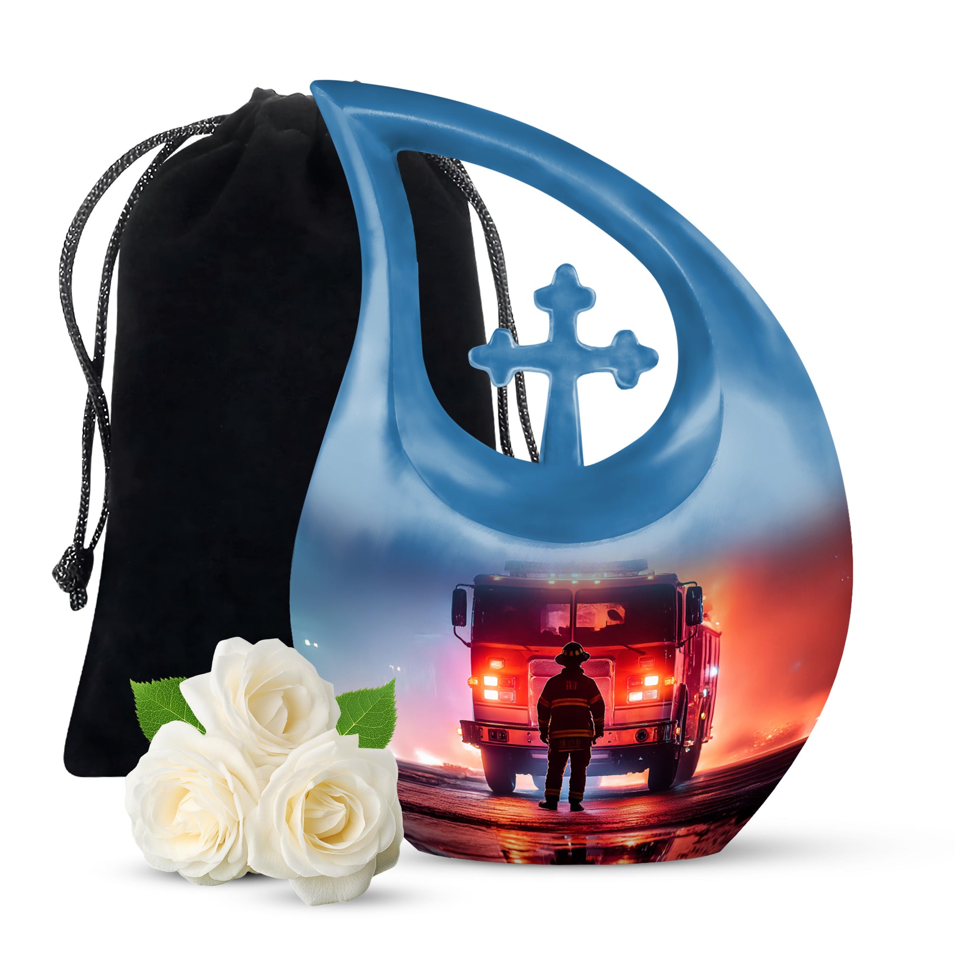 Amethyst Purple Firefighter Cremation Urn top-down view of secure threaded lid - cross and firefighter combined in spiritual memorial design - full-size 10 inch 200 cubic inch adult cremation urn