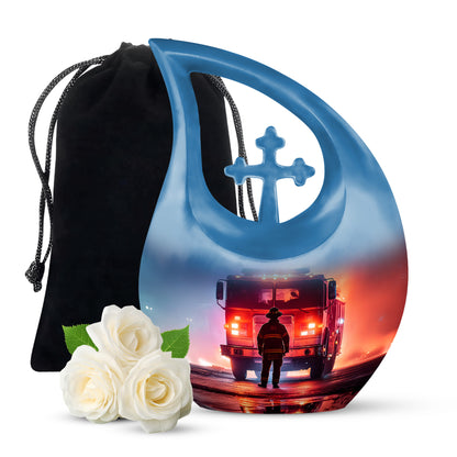 Amethyst Purple Firefighter Cremation Urn top-down view of secure threaded lid - cross and firefighter combined in spiritual memorial design - full-size 10 inch 200 cubic inch adult cremation urn