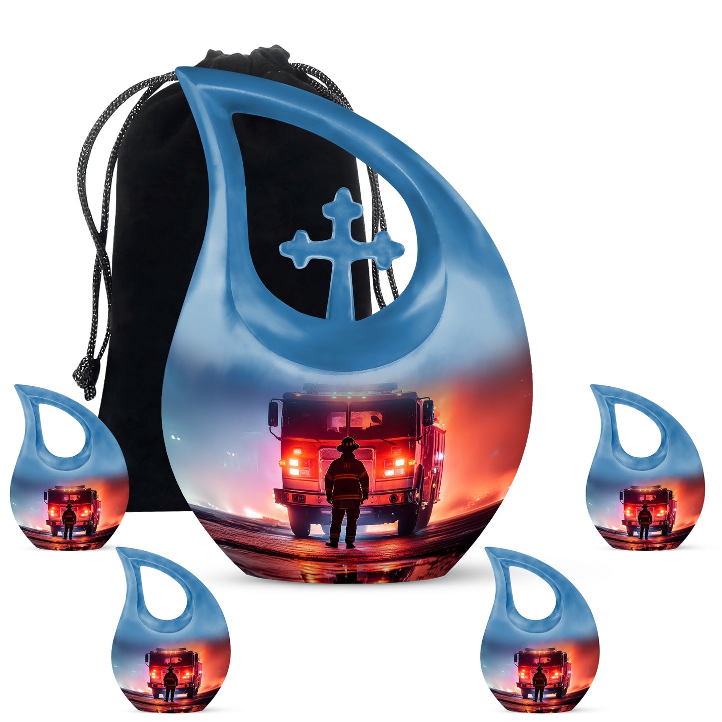 Majestic Purple Firefighter Cremation Urn urn with complimentary velvet bag - sacred cross merged with firefighter motif on metal - memorial set with one large and four small urns