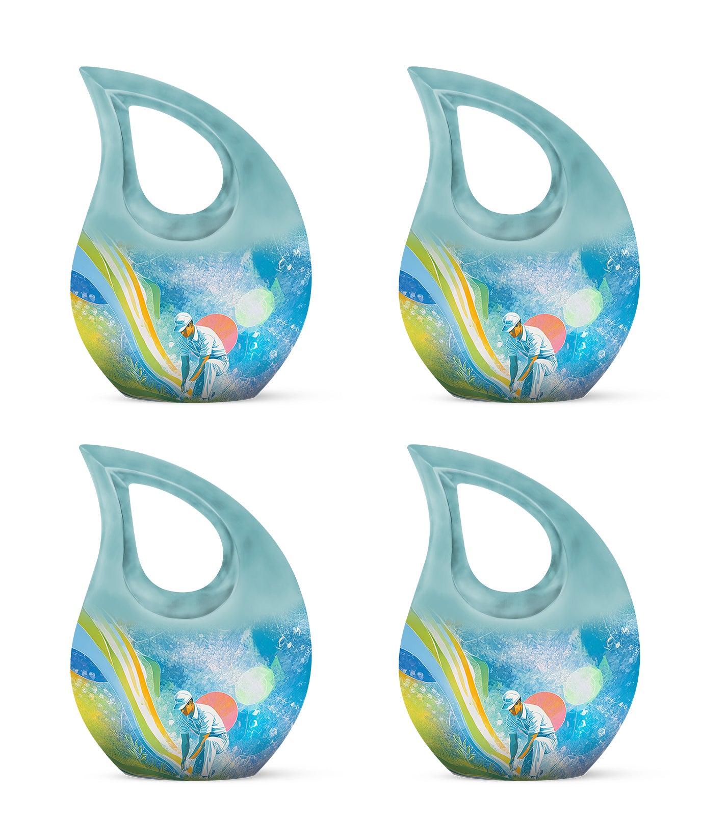 Azure Golf Cremation Urn lifestyle display on memorial shelf - cross and golf combined in spiritual memorial design - 10 inch aluminum urn for cremated remains