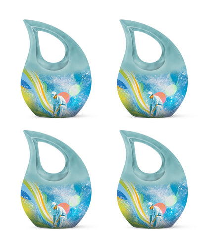 Azure Golf Cremation Urn lifestyle display on memorial shelf - cross and golf combined in spiritual memorial design - 10 inch aluminum urn for cremated remains
