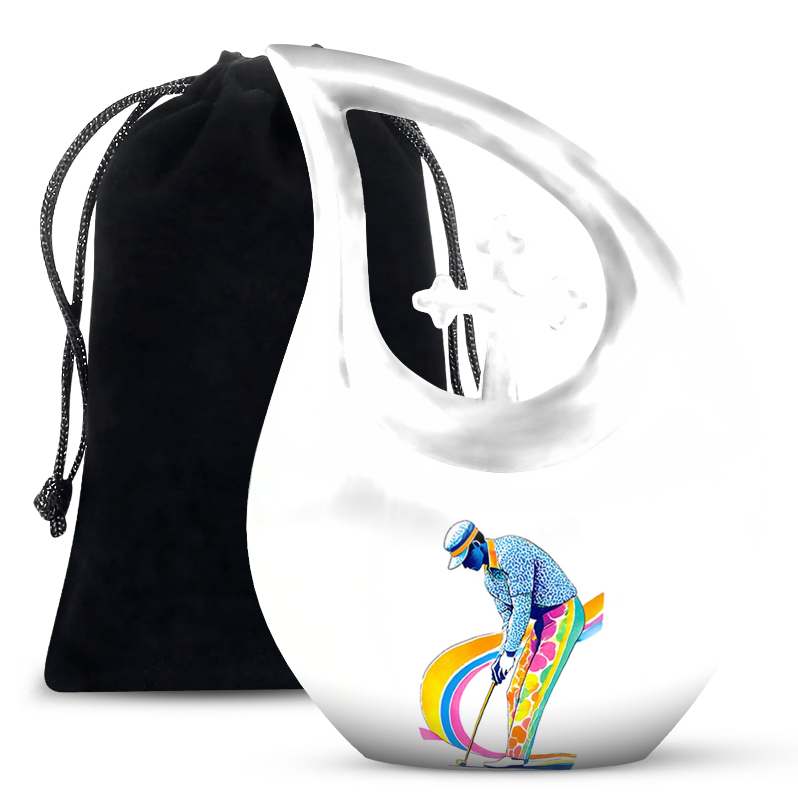 Pure White Golf Cremation Urn top-down view of secure threaded lid - cross and golf combined in spiritual memorial design - full-size 10 inch 200 cubic inch adult cremation urn