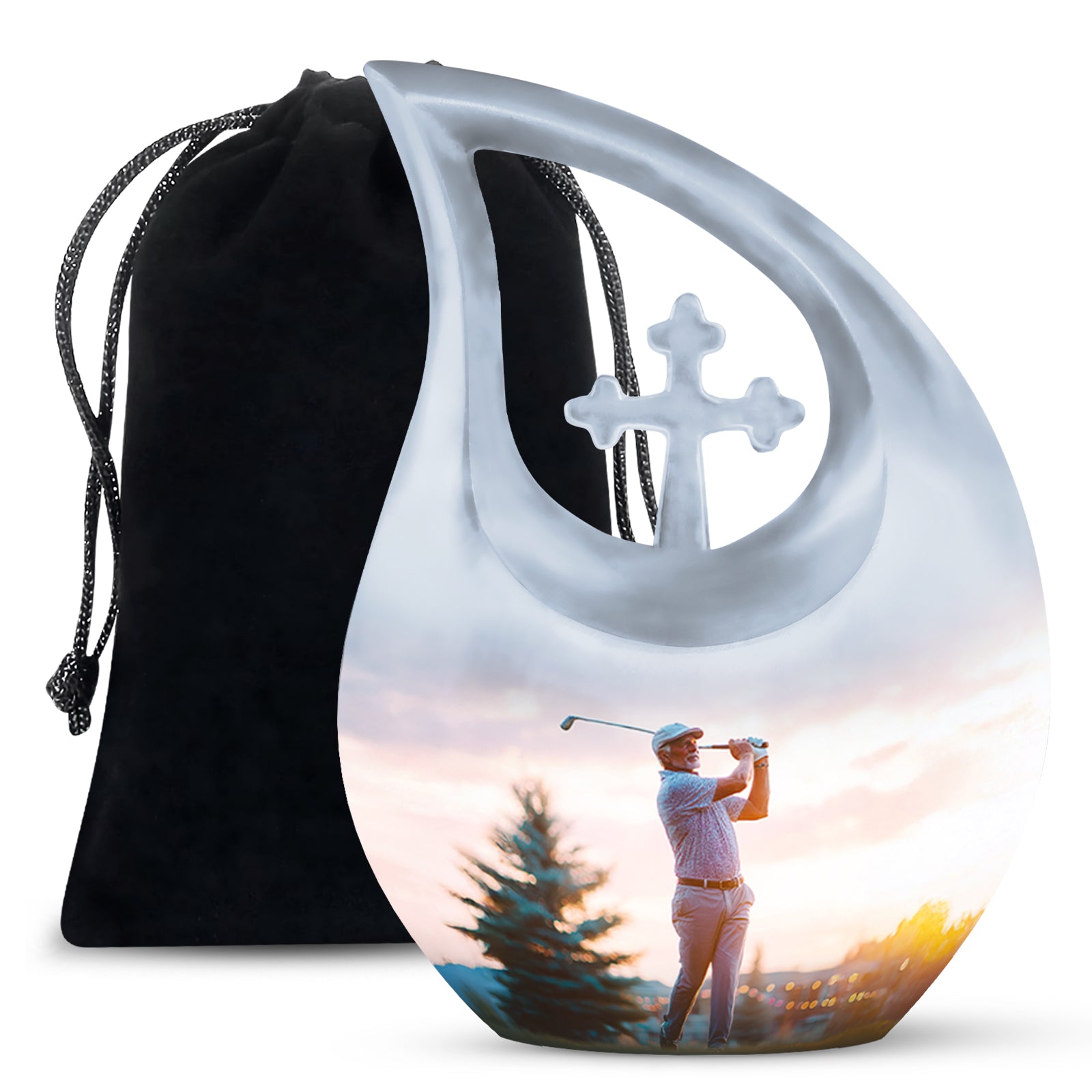 Polished Silver Golf Cremation Urn top-down view of secure threaded lid - faith-inspired cross-drop urn with golf pattern - full-size 10 inch 200 cubic inch adult cremation urn