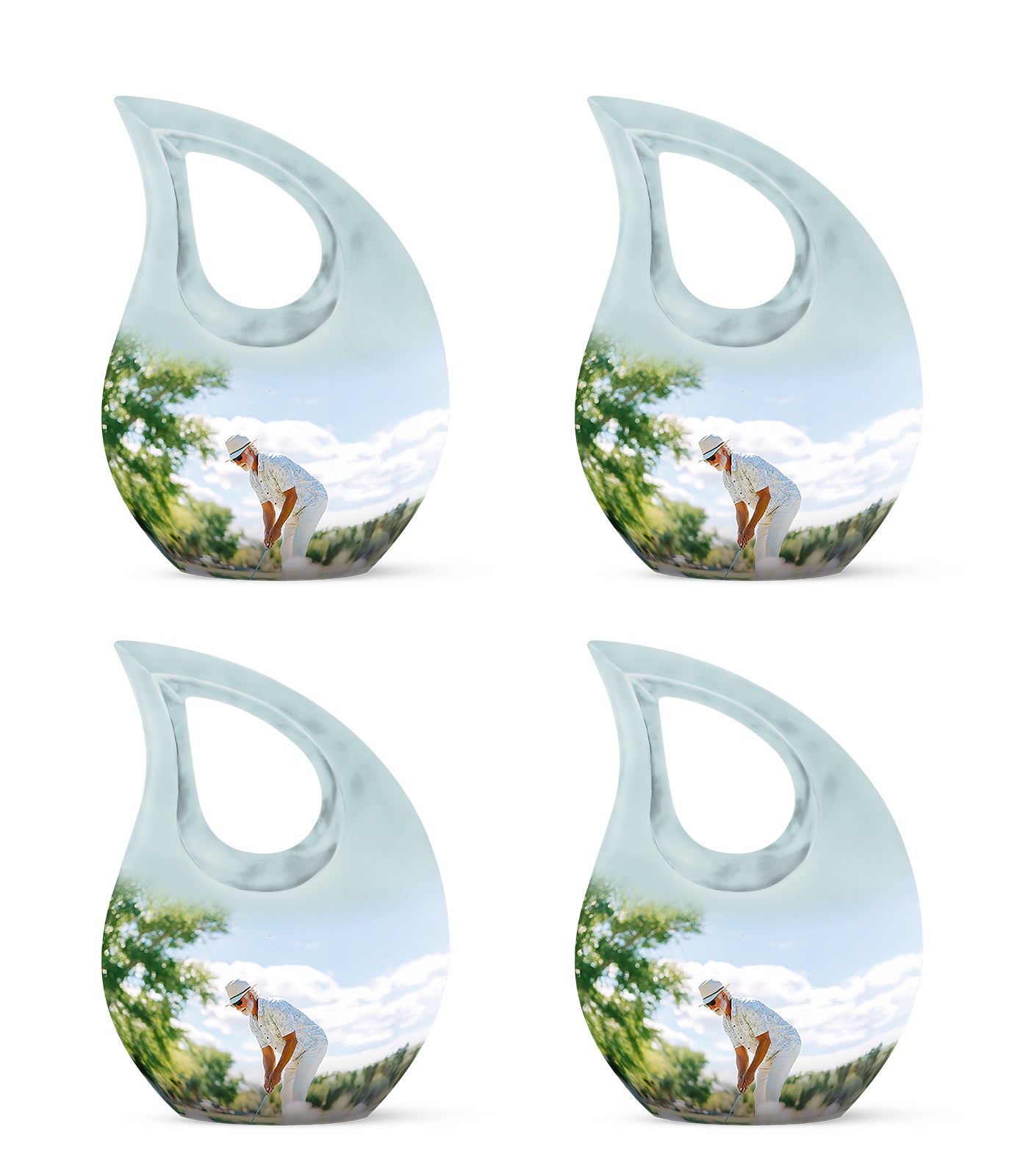 Sterling Silver Golf Cremation Urn lifestyle display on memorial shelf - sacred cross merged with golf motif on metal - 10 inch aluminum urn for cremated remains