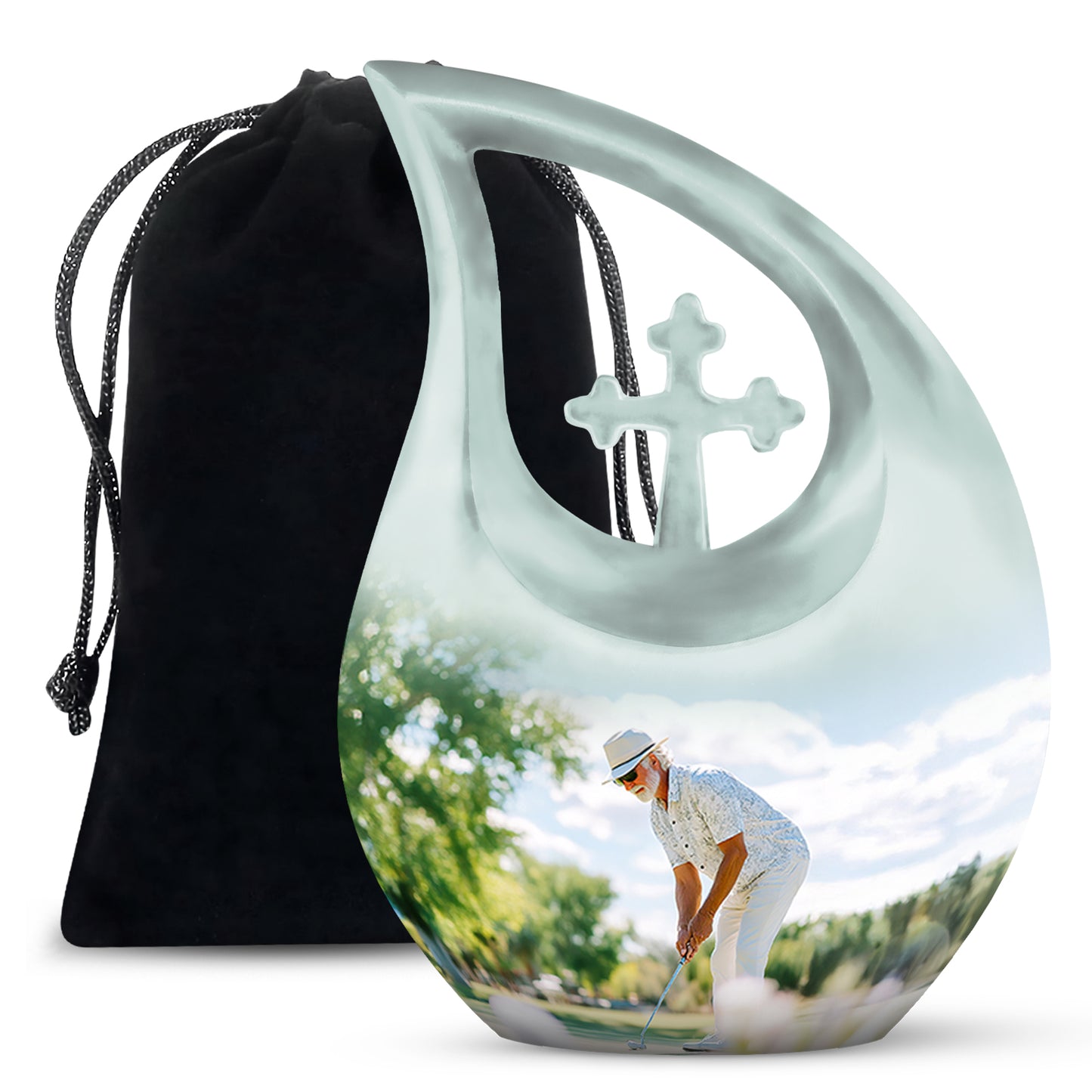 Moonlight Silver Golf Cremation Urn top-down view of secure threaded lid - devotional cross-drop golf engraving - full-size 10 inch 200 cubic inch adult cremation urn
